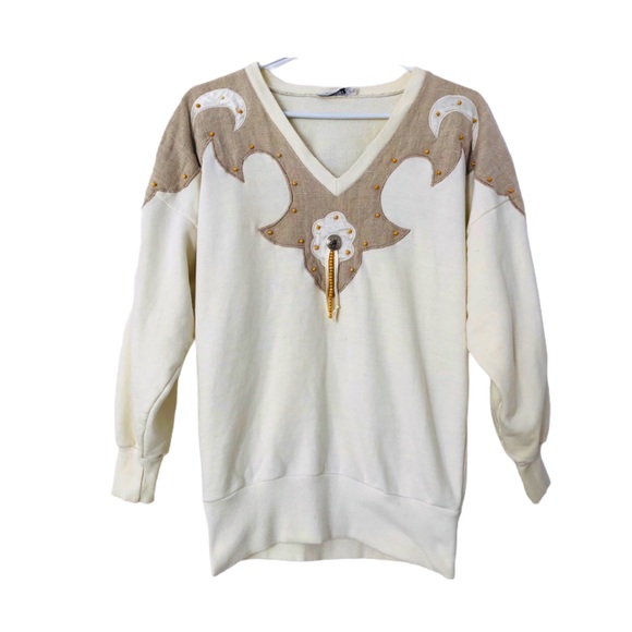 Vintage Tops - Vntg 80s Western Fringe Beaded Appliqué Sweatshirt